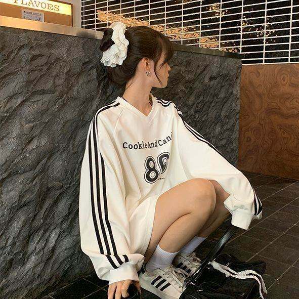 美式复合印花拉条领卫衣女春秋薄款韩版宽松慵懒风百搭休闲上衣