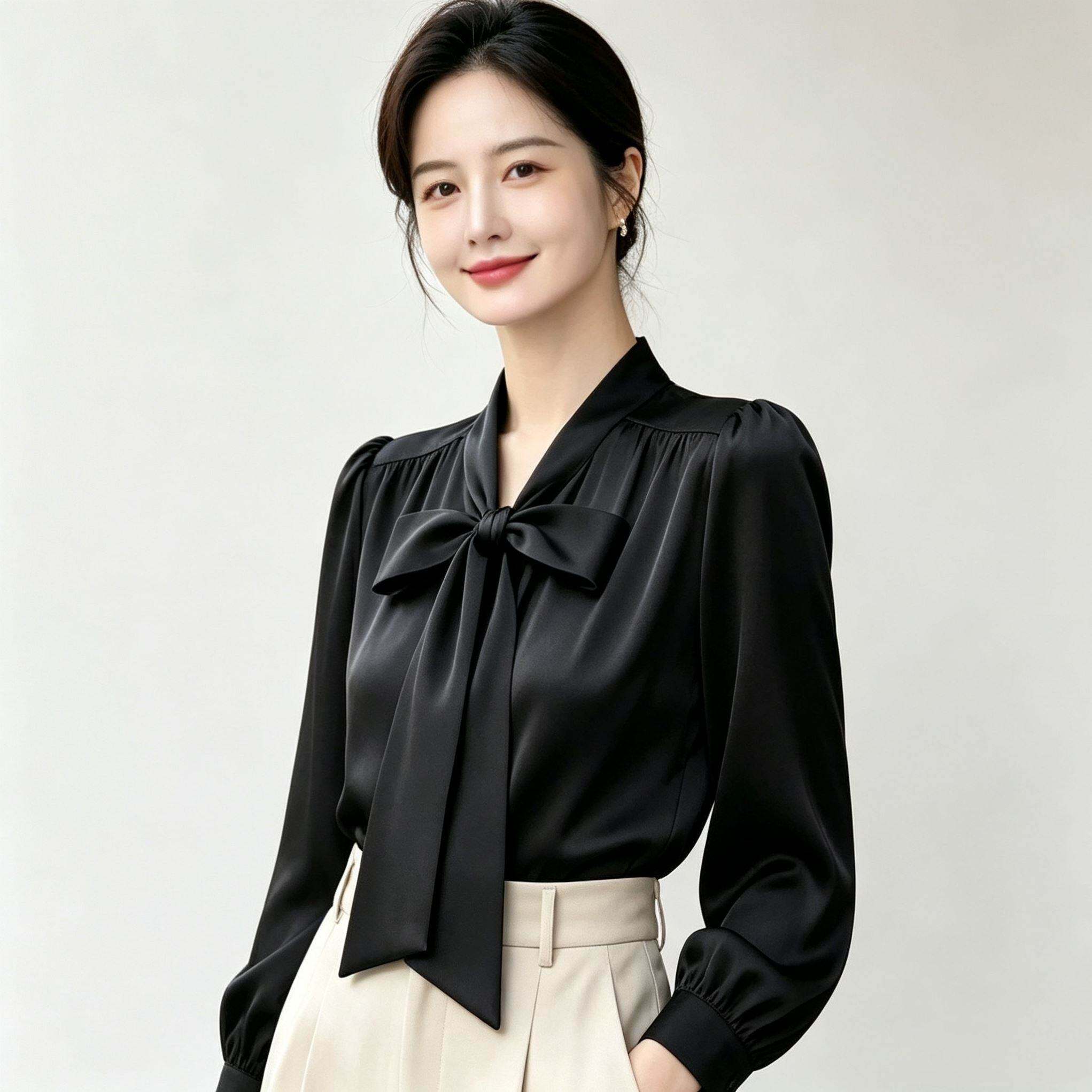 减龄显白蝴蝶结衬衫气质时尚长袖缎面春秋职业外穿飘带系带女衬衣