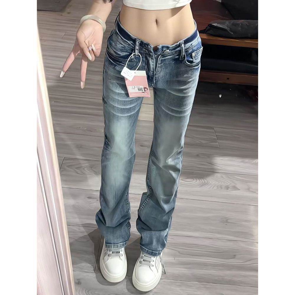 复古猫须低腰微喇叭牛仔裤女春夏设计感美式做旧辣妹弹力休闲长裤