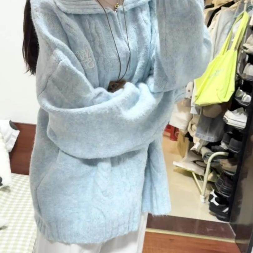 学院风软糯蓝色半拉链套头麻花毛衣女春季韩系慵懒宽松针织上衣冬