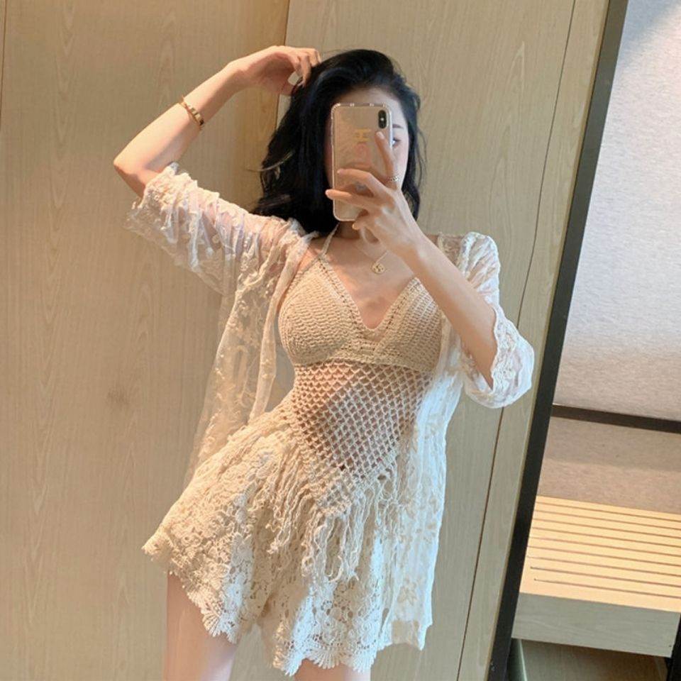 气质套装网红女装三件套夏季蕾丝防晒开衫抹胸吊带阔腿短裤