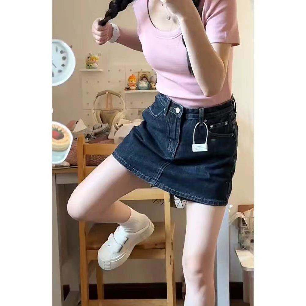 深蓝色牛仔短裤裙女大码夏季高腰宽松防走光显瘦遮肚子字半身裙