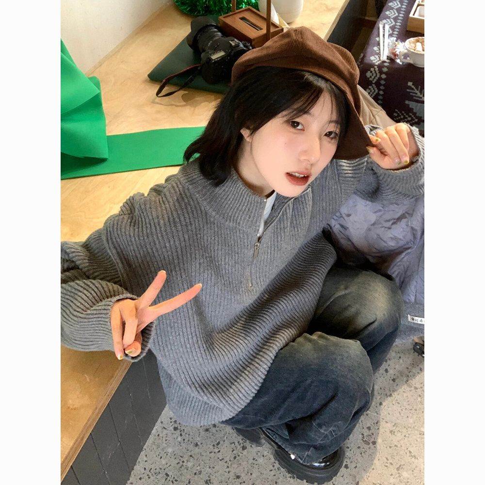 美式复古半拉链毛衣女秋春季针织上衣百搭慵懒风小众情侣针织上衣