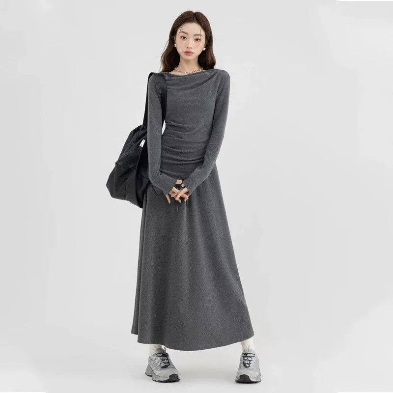 时尚款两件套长袖女秋季新款高腰休闲不规则上衣一字肩半身裙套装