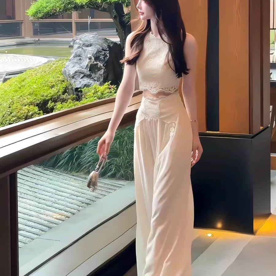 2026夏季新款设计感小众无袖蕾丝上衣高腰直筒长裙两件套套装潮女
