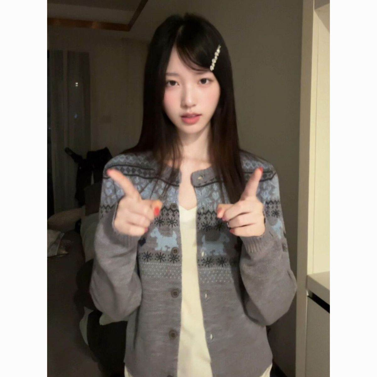 春春季韩系费尔岛针织开衫上衣女新款慵懒风灰色毛衣外套薄款