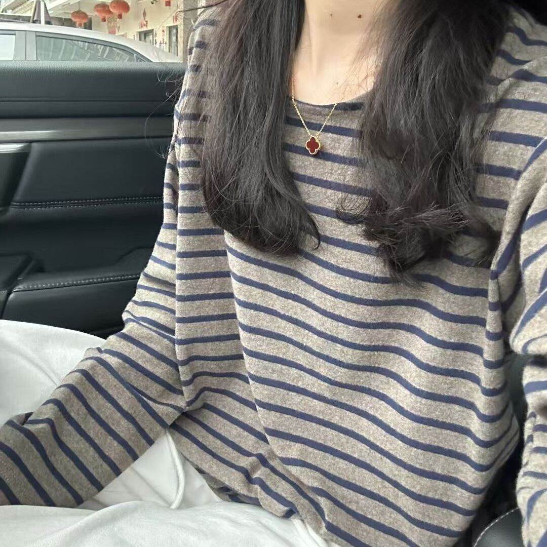 条纹磨毛打底衫女秋冬2026新款韩版宽松内搭可外穿长袖恤上衣潮