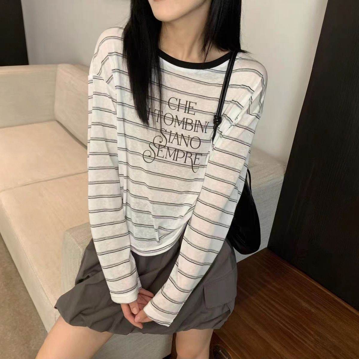 韩系拼色条纹字母防晒长袖恤女夏季后背抽绳百搭上衣
