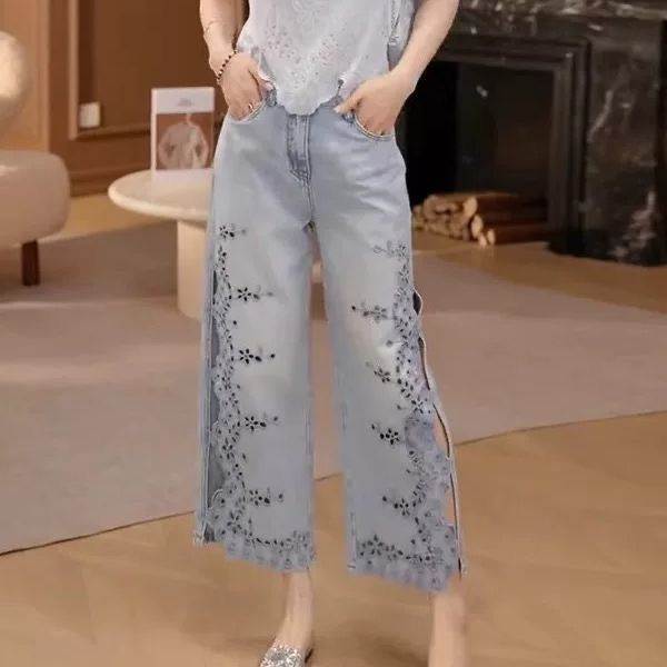 欧货重工刺绣花朵镂空直筒牛仔裤女2026春季款高腰宽松阔腿八分裤