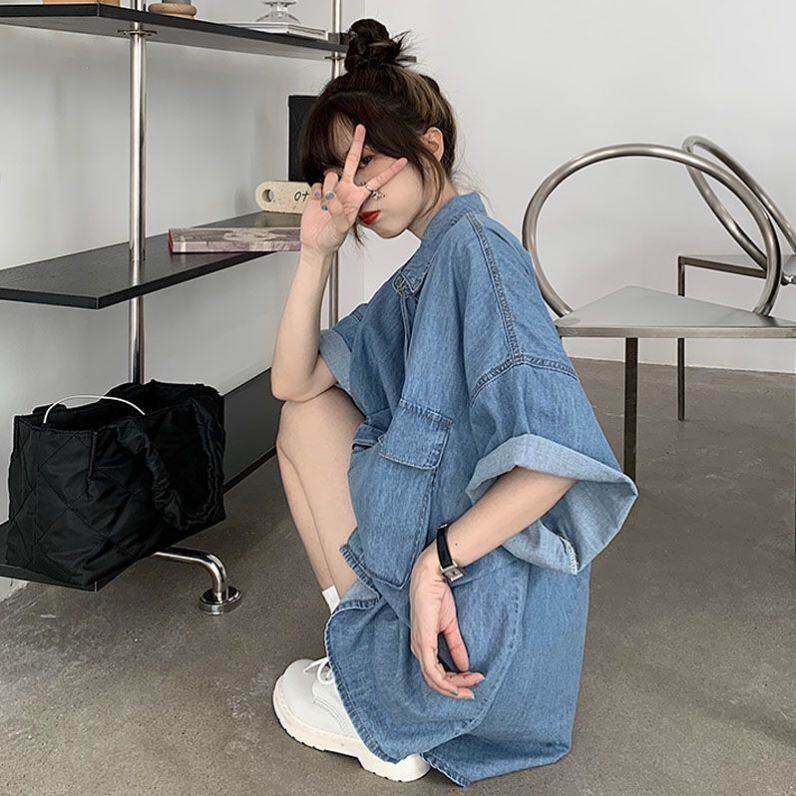 特大码300斤胖半袖牛仔衬衣女夏季薄款复古宽松短袖上衣外套240