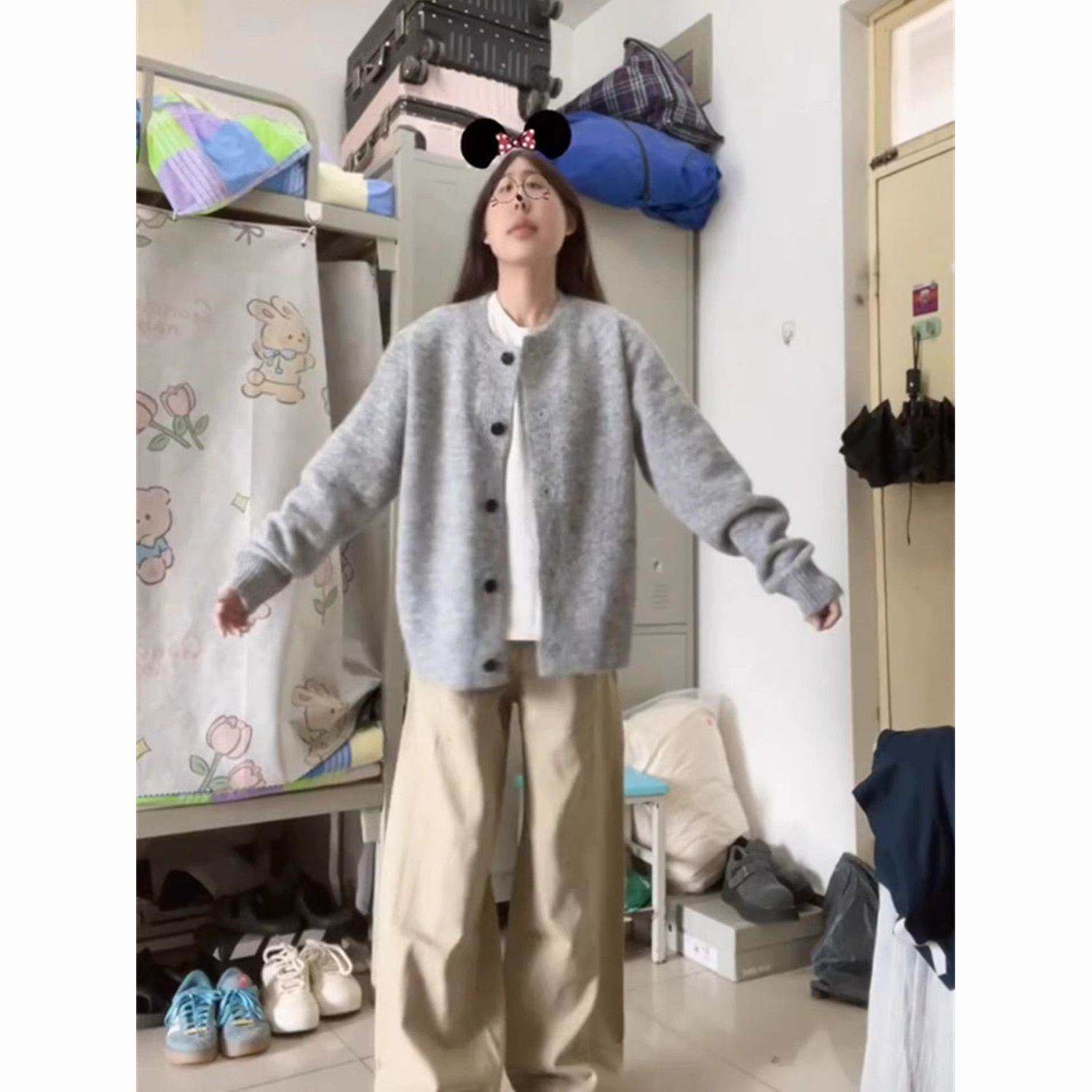 美式松弛感灰色毛衣女早针织春秋慵懒新款小个子韩系开衫外套上衣