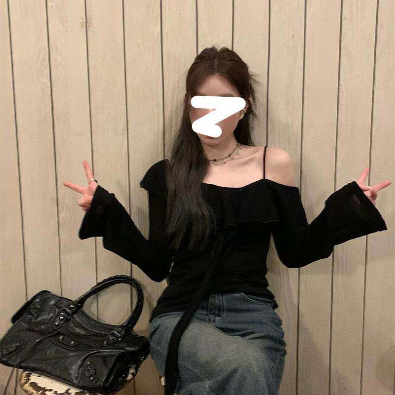 法式设计感一字肩性感吊带打底春秋新款别致时尚修身长袖恤上衣