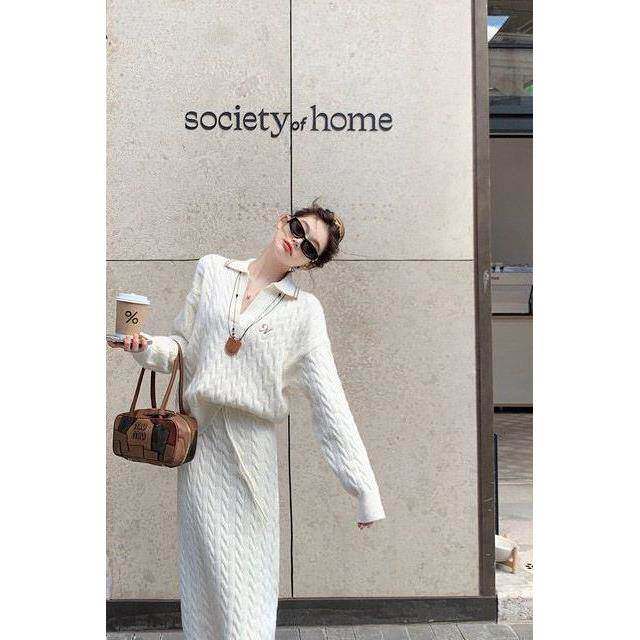 美式慵懒风麻花纹刺绣毛衣套装女宽松设计感半身裙针织两件套春夏