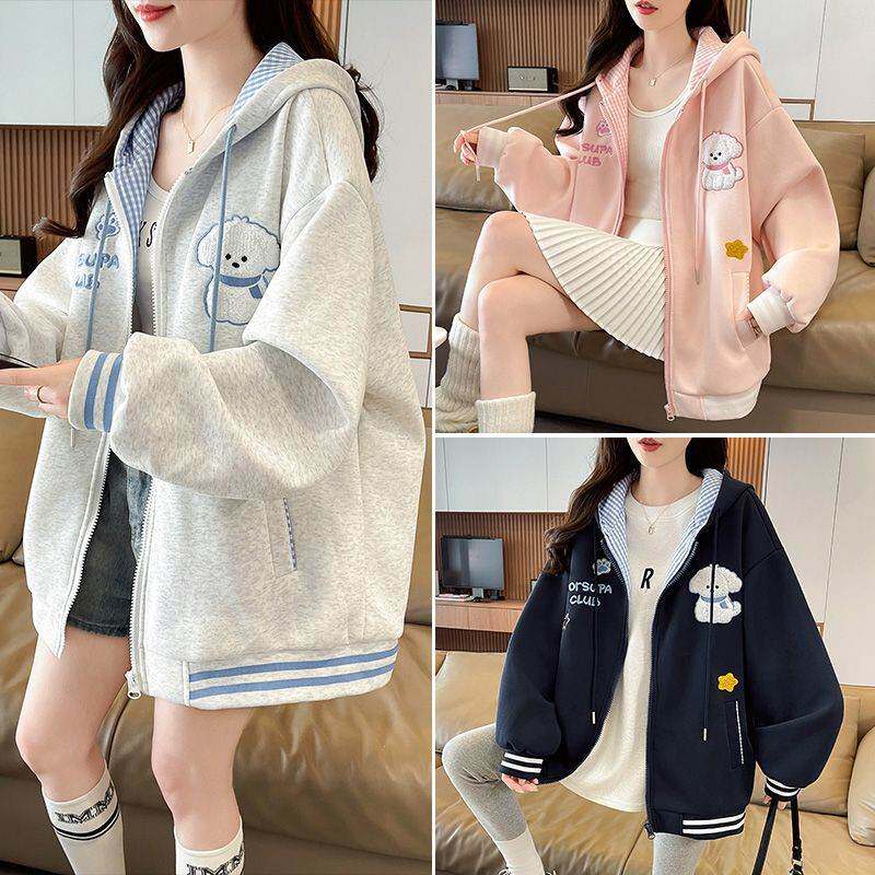 刺绣格子连帽卫衣少女2026春秋新款初中高中学生宽松韩版时尚外套