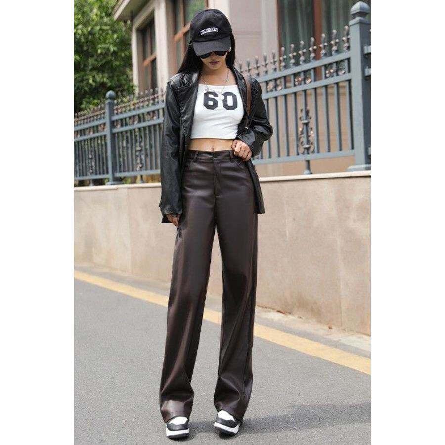 新款皮裤女春夏高腰显瘦宽松阔腿裤美式垂感窄版新品休闲直筒裤子