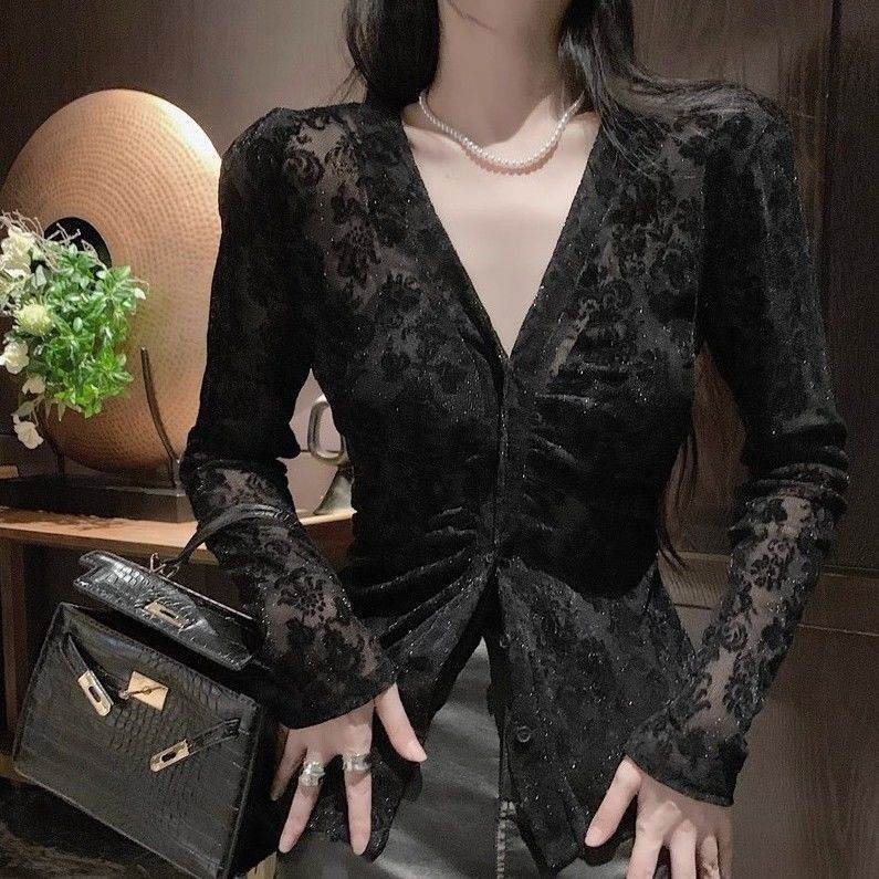 烫金植绒衬衫女秋设计感小众纯欲辣妹领上衣蕾丝打底衫网纱内搭