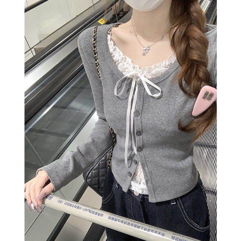 春秋季棉假两件长袖针织开衫灰色蕾丝纯欲风少女上衣修身恤韩