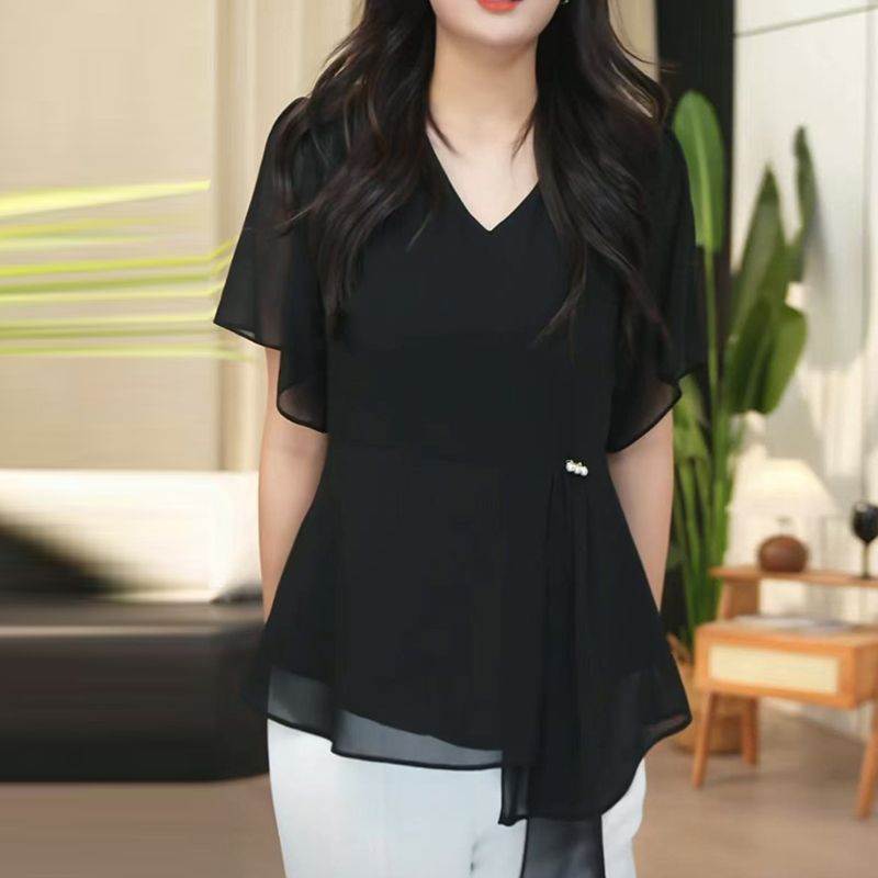 气质淑女妈妈黑色女领雪纺衫2026新款大码宽松遮肉显瘦上衣小衫