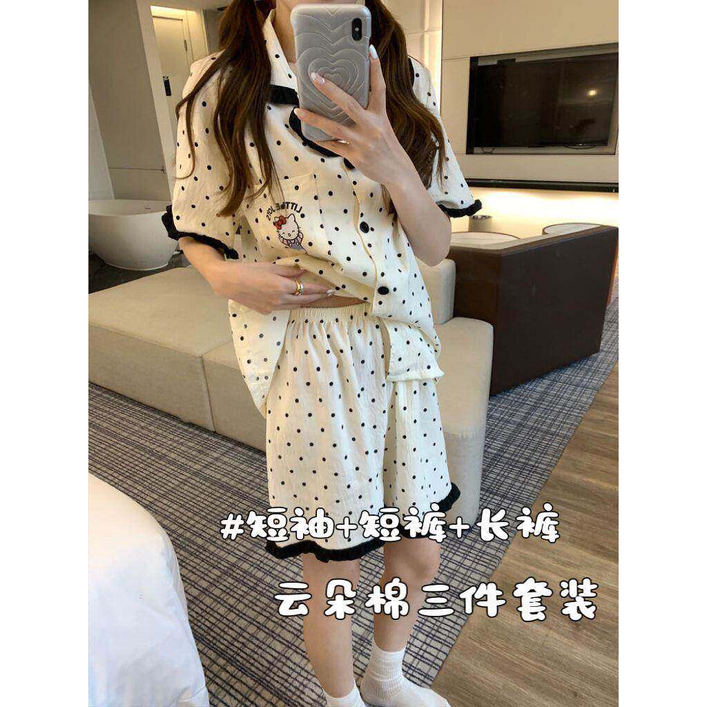 可爱猫波点睡衣女款夏季花边短袖短裤三件套外穿家居服套装