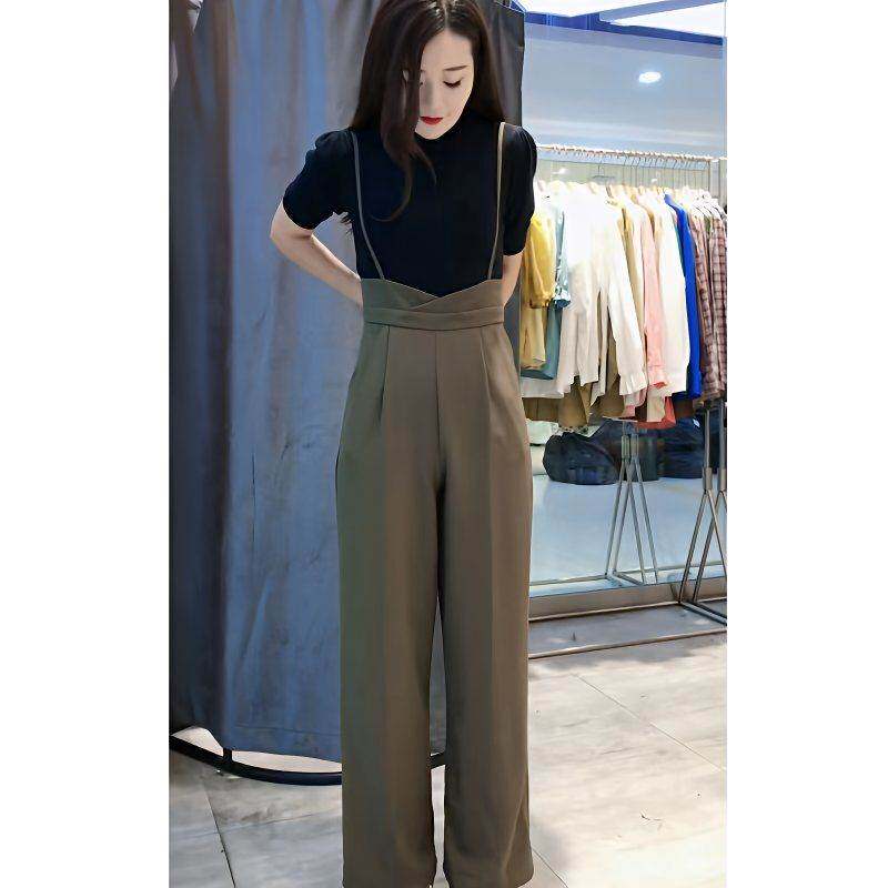 西装背带裤女春季高腰阔腿直筒裤针织短袖套装高级感吊带显瘦裤子