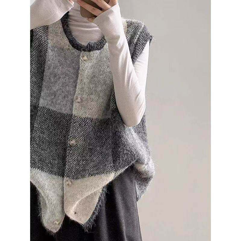 大码复古格子针织马甲女显瘦叠穿内搭毛衣马夹无袖慵懒松弛感背心