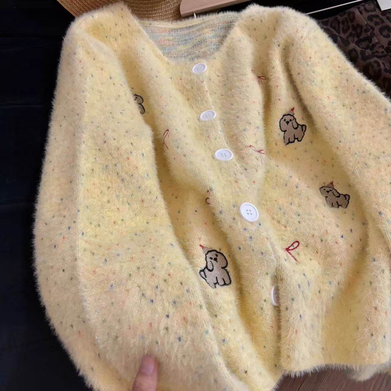 韩系春夏黄色刺绣毛衣外套女加厚保暖外穿宽松慵懒风针织开衫上衣