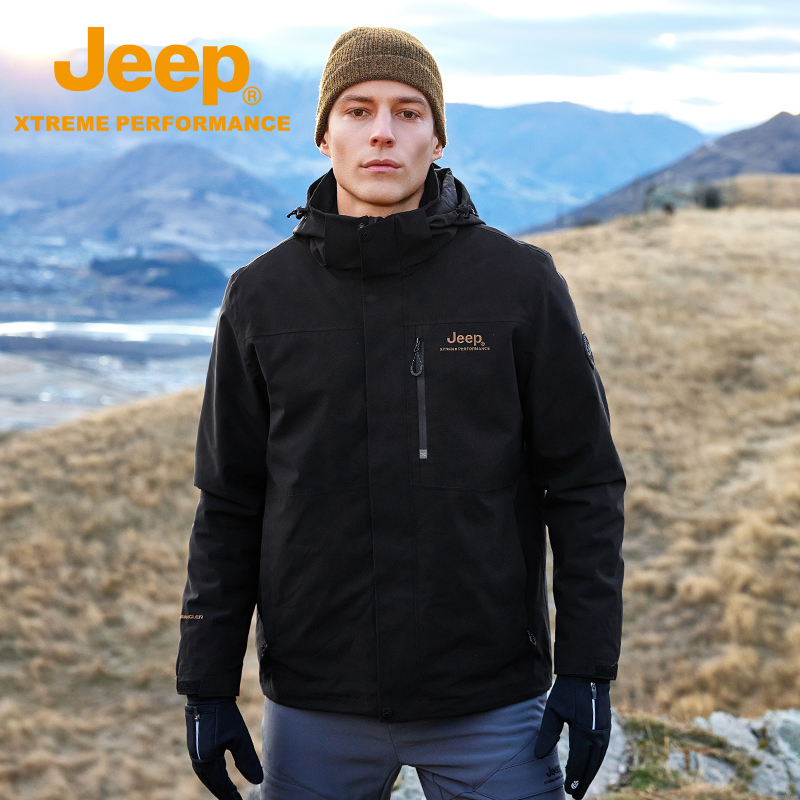 JEEP/吉普官方户外三合一冲锋衣男软壳登山服防风防水徒步夹克男