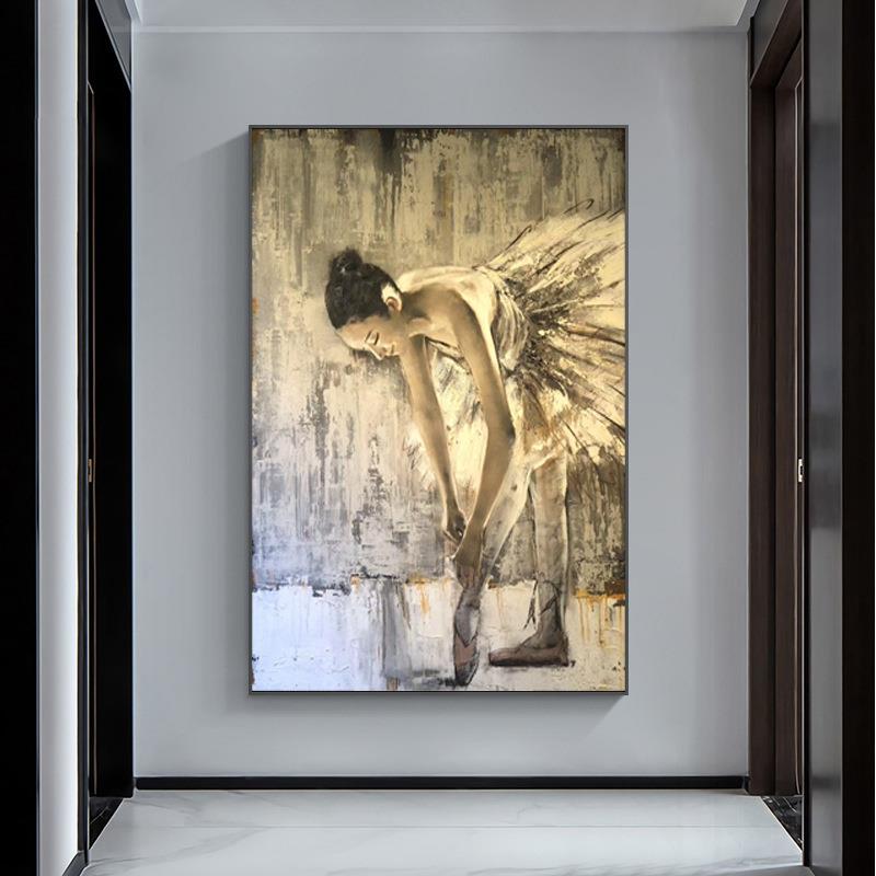 复象古抽竖客纯手绘油画人物芭蕾PCP美女轻奢玄关过道版画厅装饰