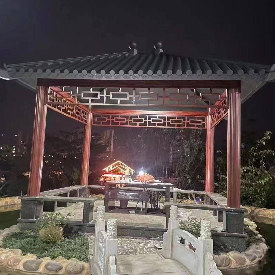 简易复古四角六GAL角子仿木景纹铝合户外观别亭墅园林凉亭可定金