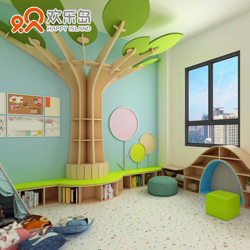 幼儿园书架树形书柜带沙发坐凳靠背托育阅读架阅览室休闲椅树书架