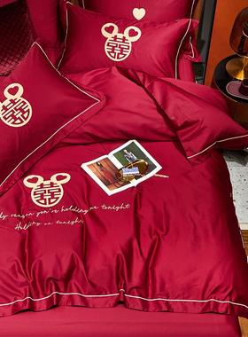 A6L时尚式婚庆红四件套60支295长绒棉中贡缎刺绣大床被套单结婚