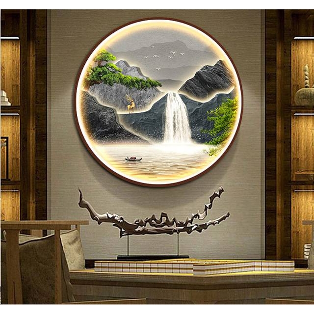 新中式入户玄关装饰画流水生财大气山水挂画客厅灯画茶室圆形壁画图片