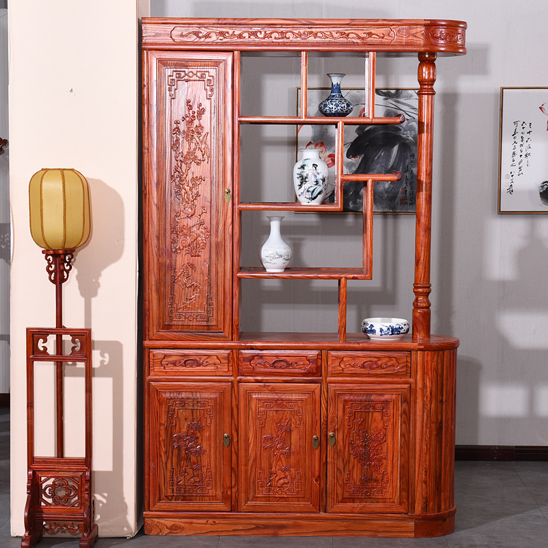 新中式全实木门厅玄关柜双面雕花仿古J家具榆木屏风隔断储物柜