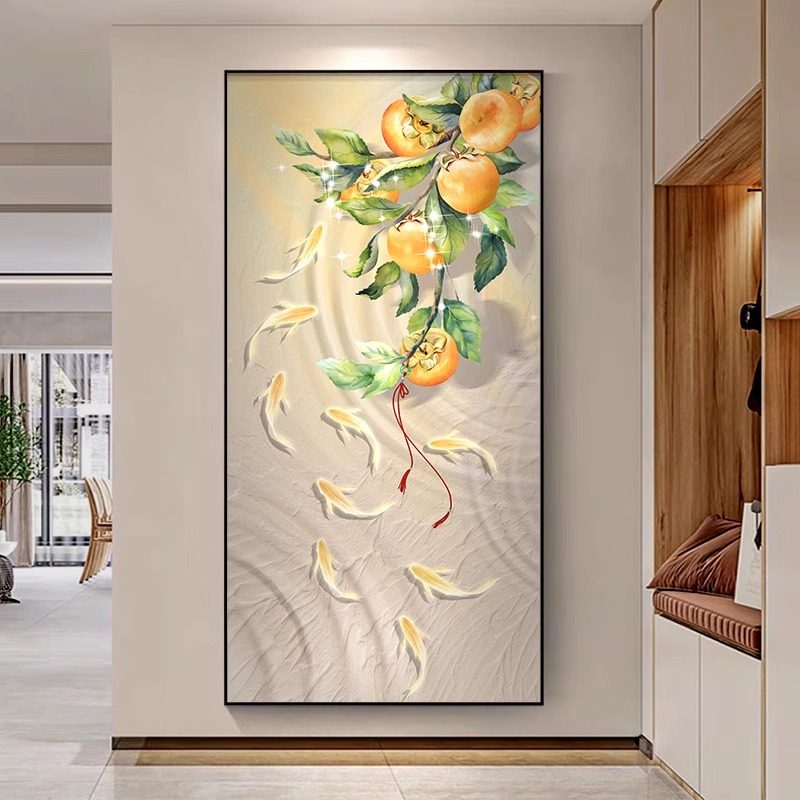 新中式九鱼图玄关装饰画客厅v入户走廊过道挂画轻奢柿子画竖版艺