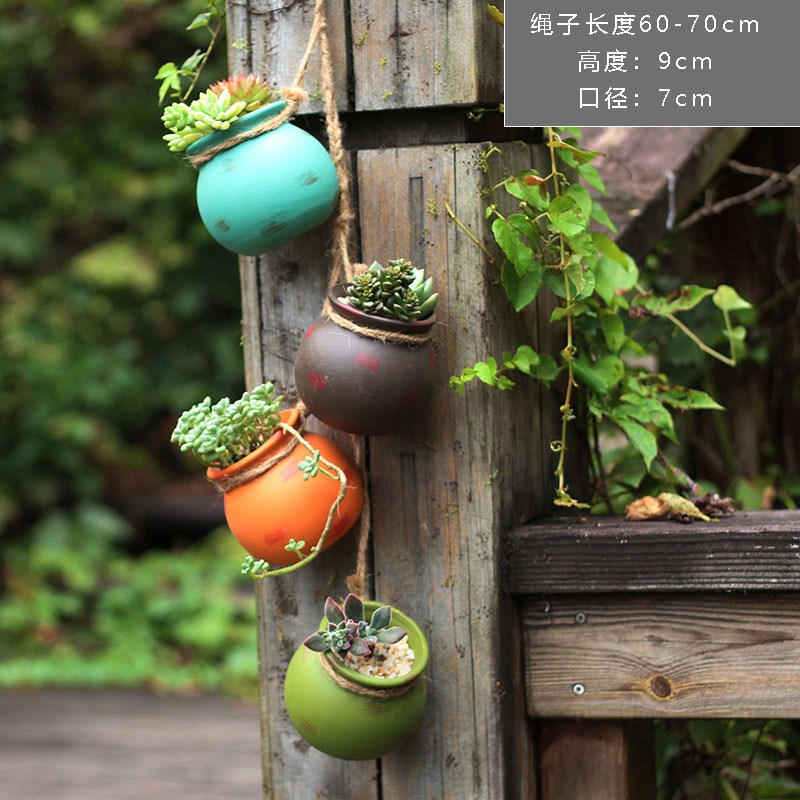 创意个性仿古肉肉吊盆陶瓷粗陶多肉植物庭院墙上懒人小花盆壁挂式