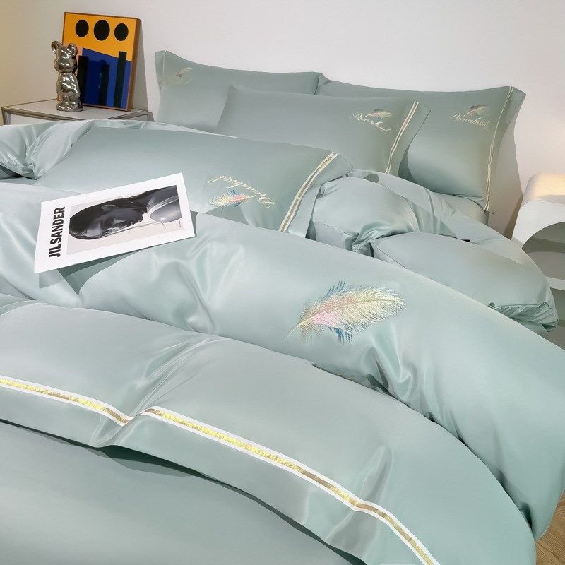 羽毛刺绣冰丝四件套夏季丝滑床单被套冰丝床上用品三件套简约纯色
