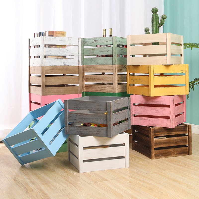 实木木框箱收纳储物木条箱子正方形木箱道具木筐复古水果陈列木箱