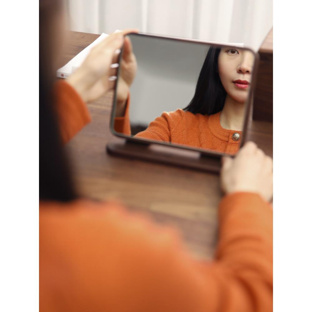 实木化妆镜桌面台式高档黑胡桃木梳妆镜覆古高清新中式可折叠镜子