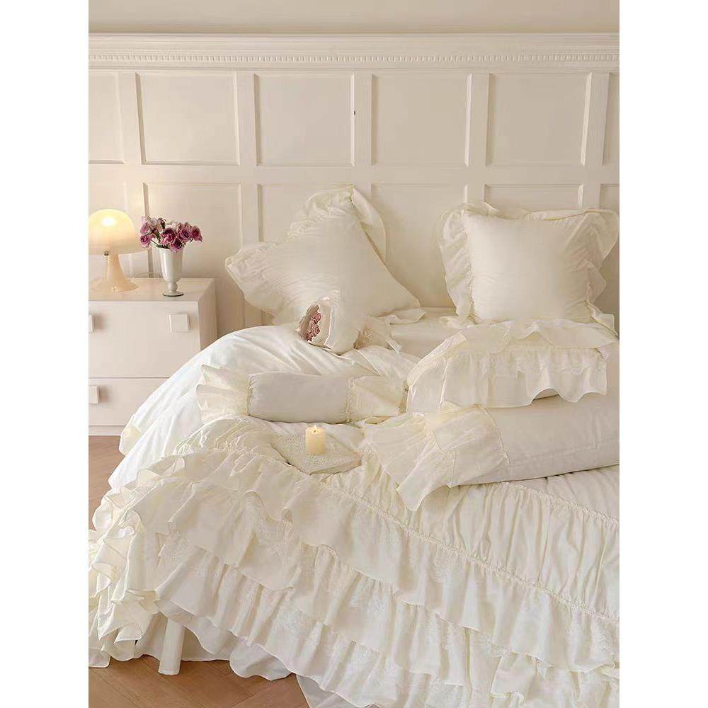 式奶油全水洗棉棉雷承家纺蕾丝四件套荷叶花边被套法纯棉公主风床,床上用品,婚庆床品套件,淘宝优惠券,粉丝福利购,淘宝优惠卷