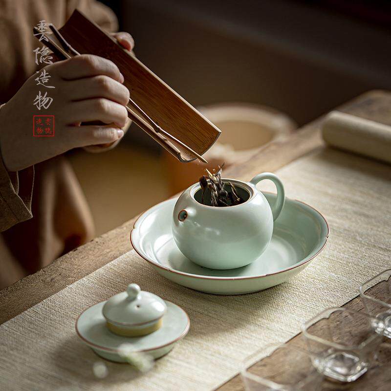 天青汝窑2022-7-5葵口壶承盖置组汝瓷干具泡盘壶托套茶配件家用瓷