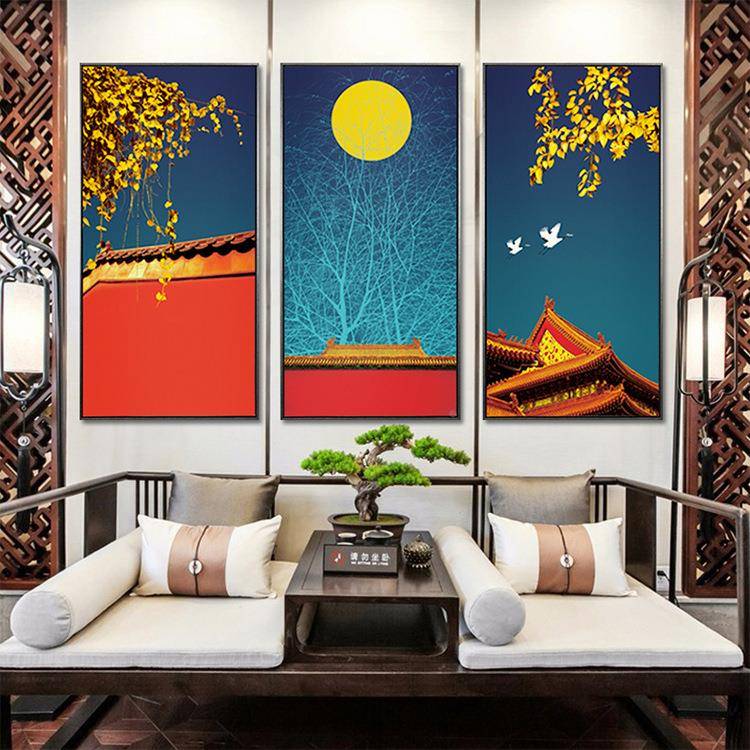 新中式宫新中式竖挂廷建筑风景装画厅玄关沙发背景壁画书房茶客室