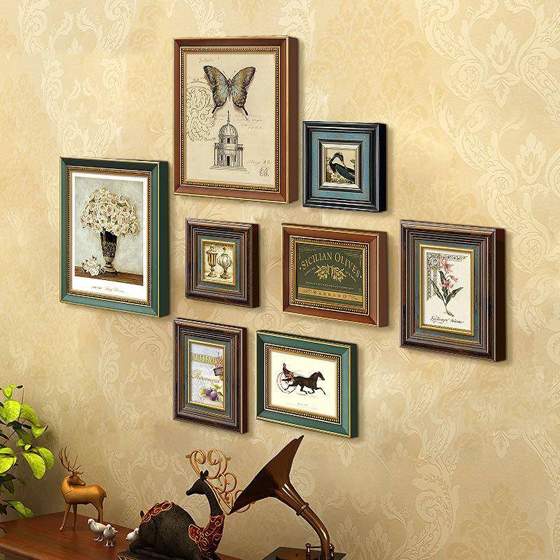 美式al202209复古照厅片墙装饰框画简约欧式餐玄厅关客实木相组合