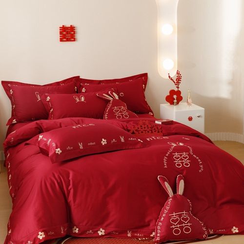 新款双股长绒棉婚庆刺绣四件套大红喜庆结婚床上用品床单被套绣花