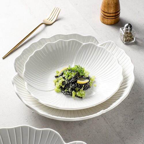 陶瓷纯色感汤碗浅碗深盘花型水果碗沙拉碗菜盘子西餐白色餐具