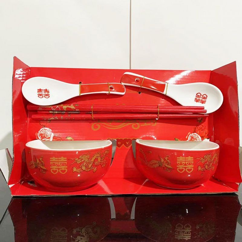 喜碗红碗结婚礼改口喜筷勺子对碗筷套装婚庆女方陪嫁用品大全