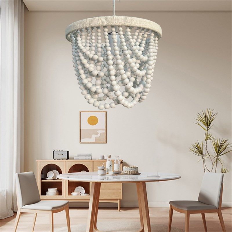 法式田园单头木珠小吊灯女孩公主卧室儿童房衣帽间麻绳白色餐厅灯