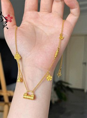 金店同款花丝锁包吊坠锁骨链女