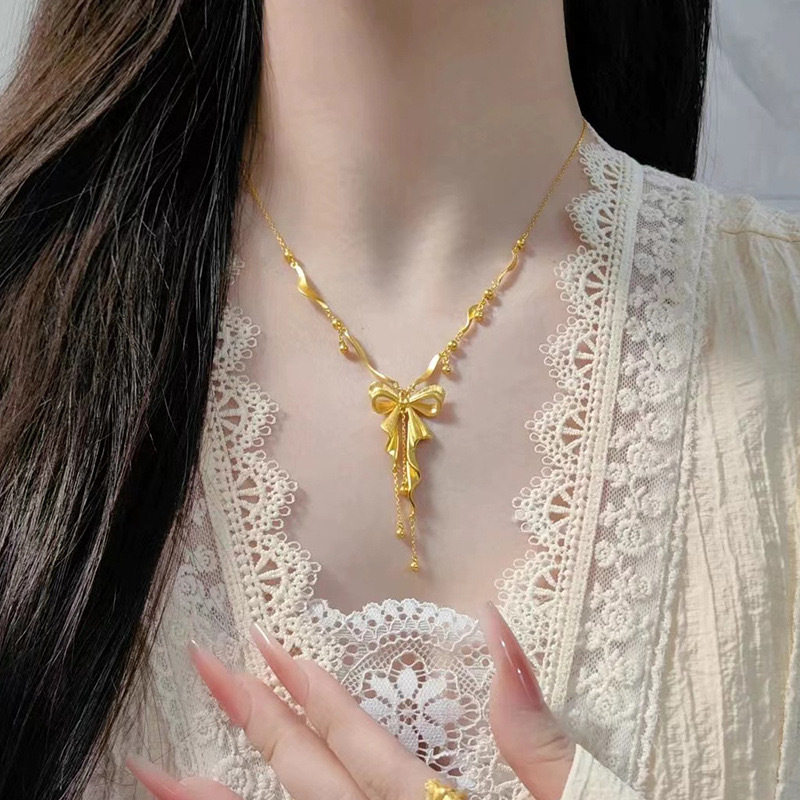 新品公主蝴蝶结项链吊坠女士仿黄金流苏一体锁骨套链轻奢新中式