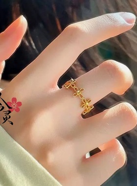 越南沙金古法复古四叶花戒指