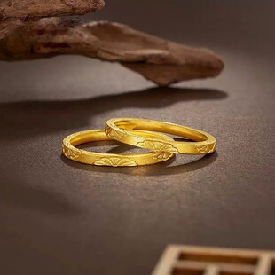 金店同款沙金小雏菊花素圈戒指女仿黄金方形简约指环古法指环